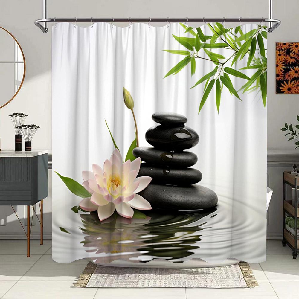 Zen Landscape Shower Curtains Flowers Plant Green Bamboo Black Stone Scenery Bathroom Decor Waterproof Cloth Hanging Curtain Set
