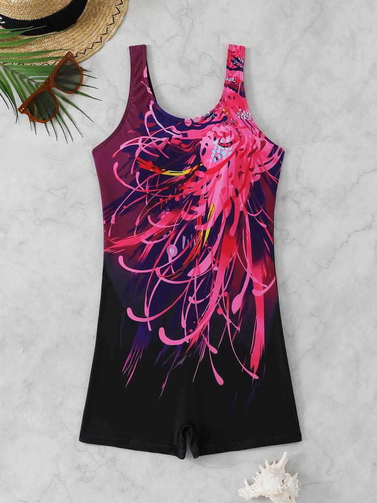 2026 Women's Sporty One-Piece Boyshort Swimsuit - European & American Printed Edition, Conservative Beach Swimwear
