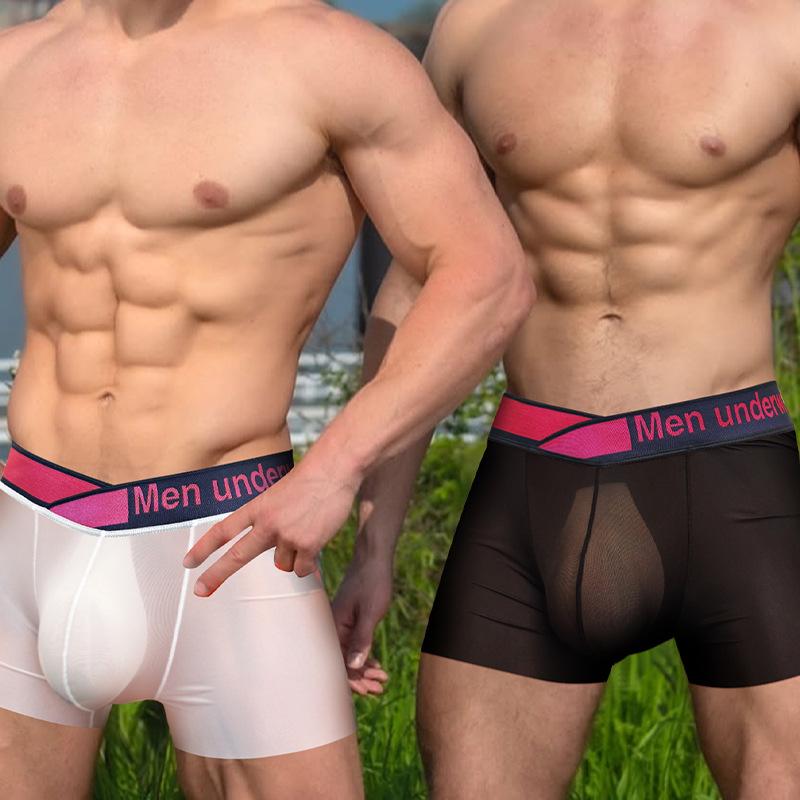 1 Piece V Low Waist Men's Boxer Transparent Ultra-thin Ice Silk Men Underwear Sports Breathable Sexy U Convex Man Boxershorts Trunks