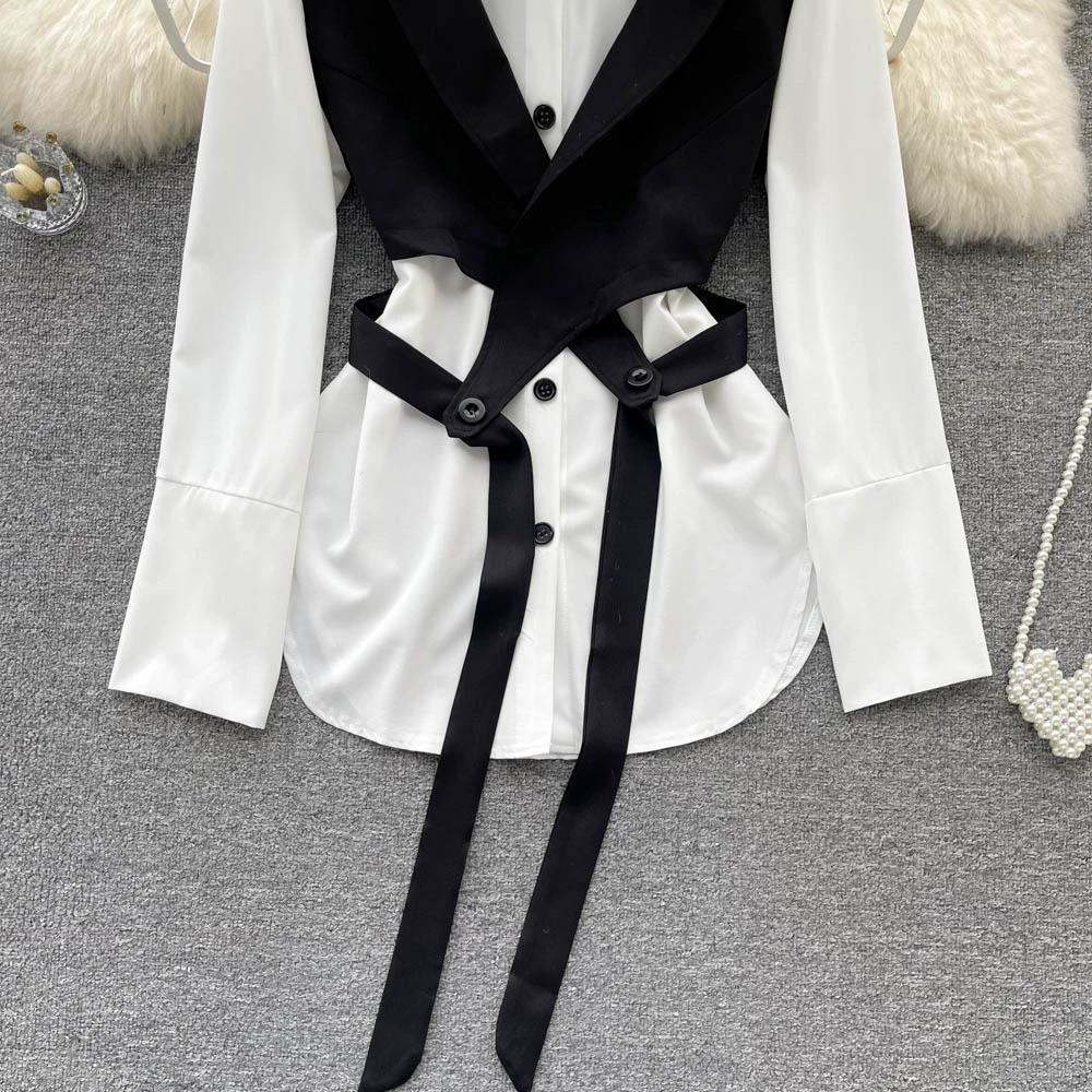 Hochwertiger zweiteiliger Anzug, Damen Herbstmode, Ausländischer Stil, Modisches Layering, Kurzes Westentop, Weißes langärmeliges Hemd