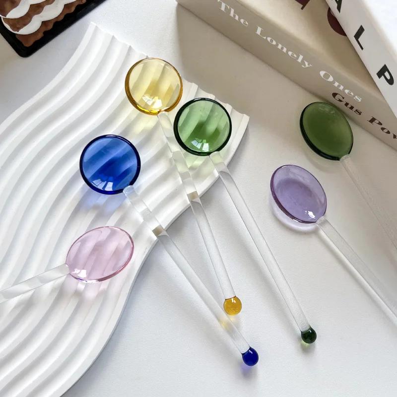 1pc Glass Dinnerware Spoon Tea Dessert Coffee Ice Cream Accessories Bar Tools New Long Handle Kitchen Accessories
