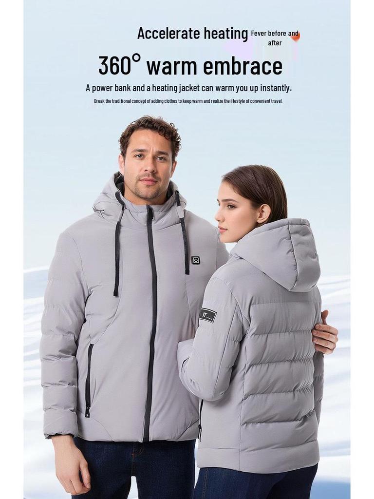 Men's Smart Heated Winter Jacket with Hood - Warm, Constant Temperature, Cold-Proof Cotton Coat
