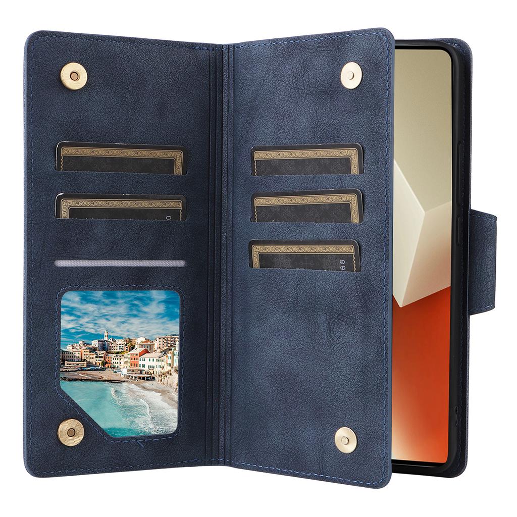 For Xiaomi Redmi Note 13 5G Leather Case Rivet Decor 9 Card Holder Slots Zipper Pocket Cover