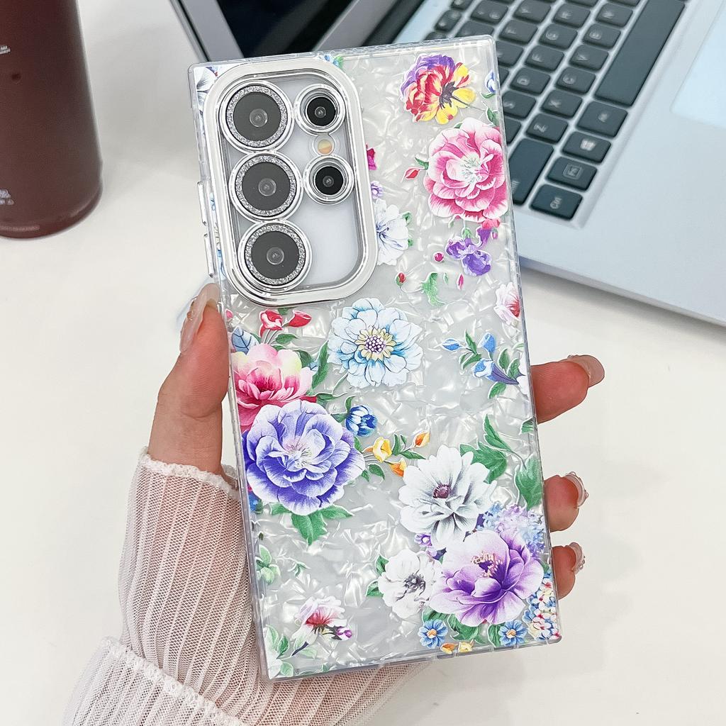 Suitable for Samsung S25 Ultra Mobile Phone Case Electroplated Flower and Grass S24FE with Bracelet Flash Powder Lens Film A56 Protective Case
