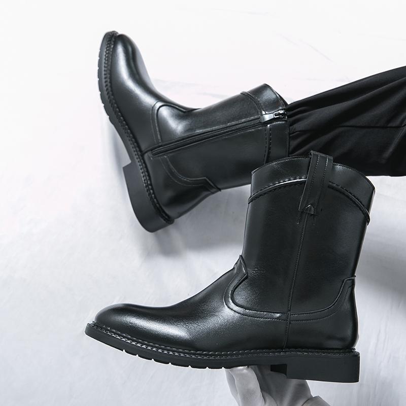 Men’s Western Cowboy Boots Pointed Toe Motorcycle Boots Black Brown Casual Retro Dress Zipper Leather Men’s Shoes Plus Size