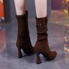 Temperament pointed belt buckle high heel medium boots women's 2025 winter new khaki pleated sleeve fine heel stacking boots