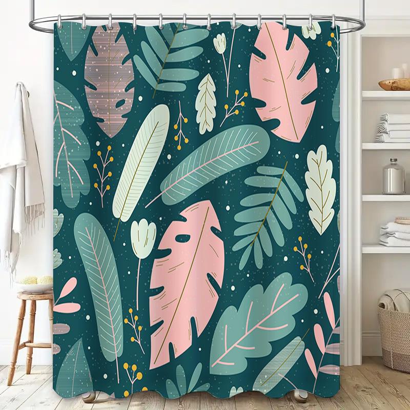 Decorative Shower Curtain Green Leaves Pattern Bath Mat Waterproof Fabric for Bathroom Decorations in Pink Blue Colors Easy Inst