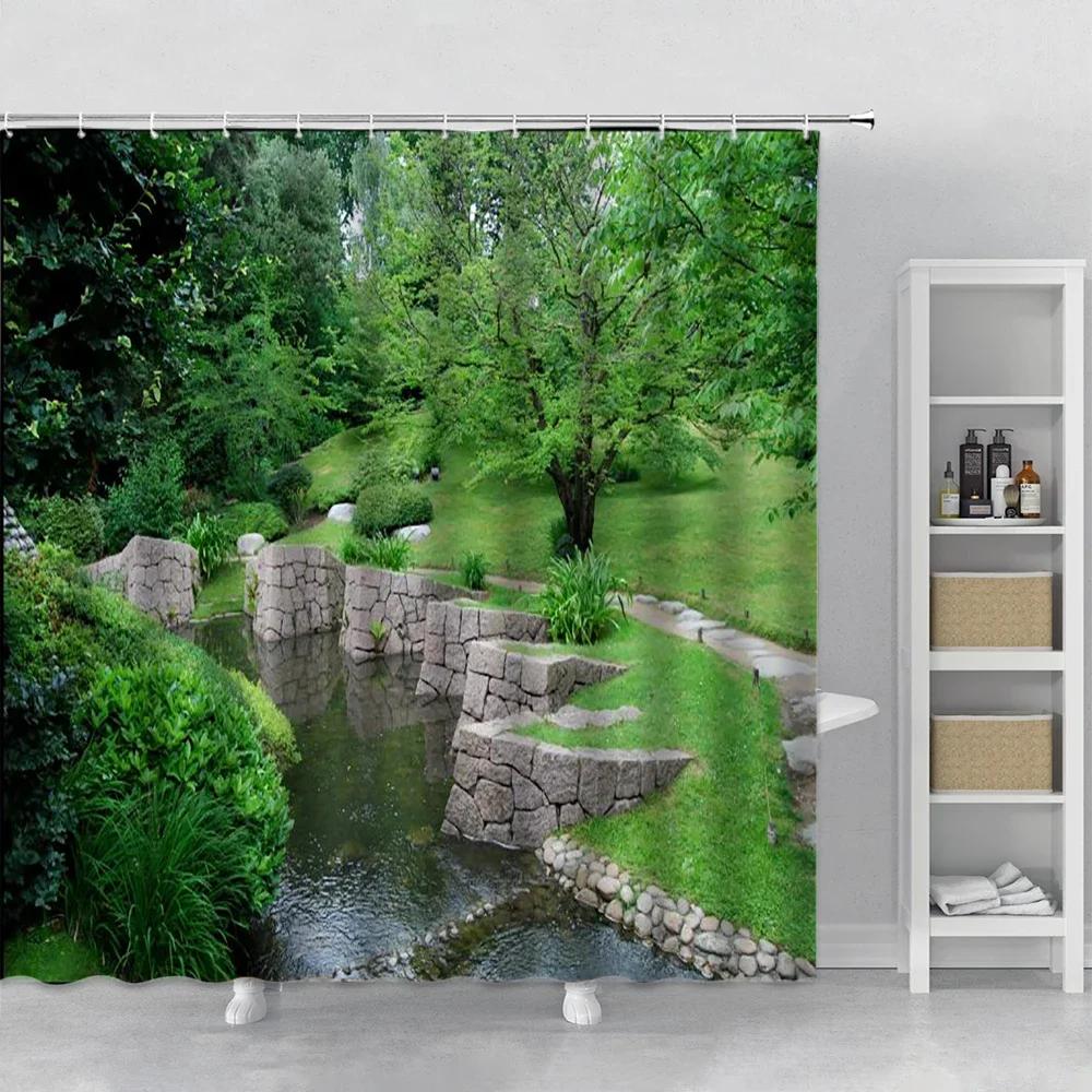 Green Plants Shower Curtain Fresh Natural Landscape Home Decor Curtains Bathroom Curtain Toilet Bathtub Screens Polyester Hooks