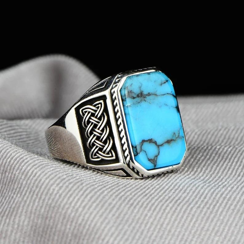 Personalized Vintage Viking Totem Turquoise Men's Fashion Accessories Punk Hip Hop Rings