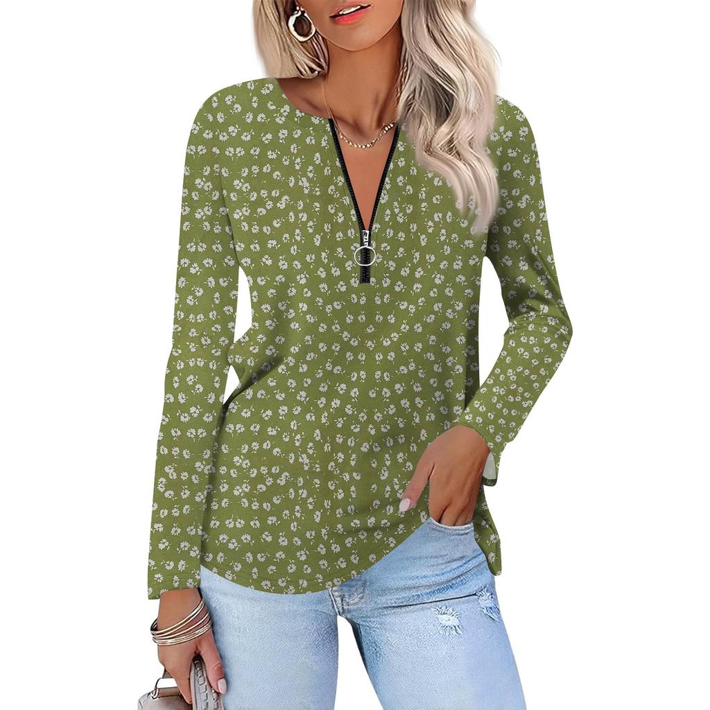 Damenmode Lässig Bedruckt Reißverschluss V-Ausschnitt Langarm Shirt Tops