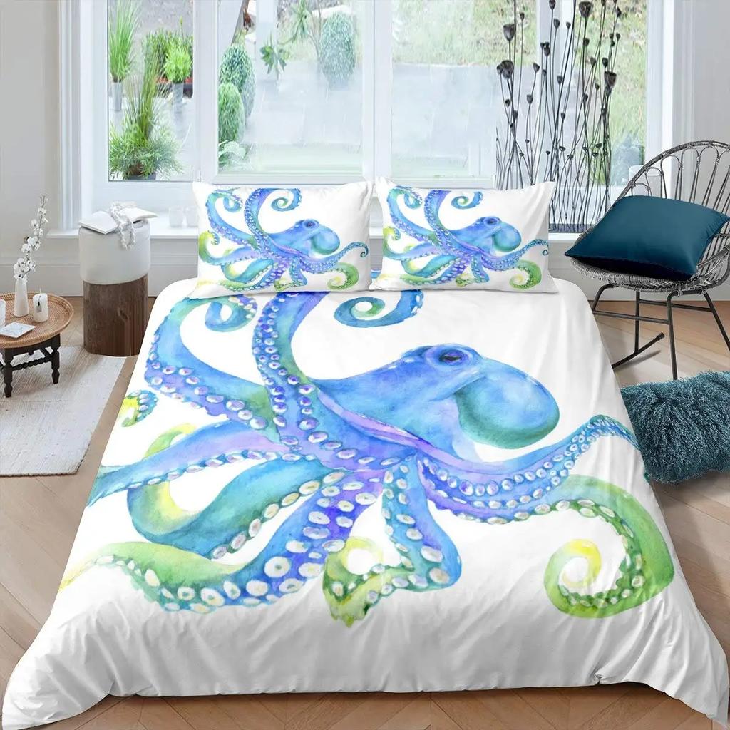 Octopus Duvet Cover Set Teal Blue Octopus Tentacles Twin Bedding Set Sealife Ocean Sea Animal Queen King Polyester Quilt Cover