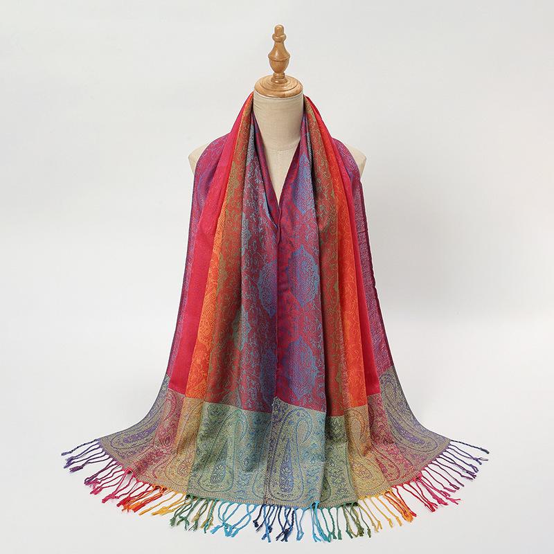 Ethnic Style Colorful Cashew Embroidered Long Scarf Rainbow Gradient Tassel Scarf Shawl Women's Headscarf