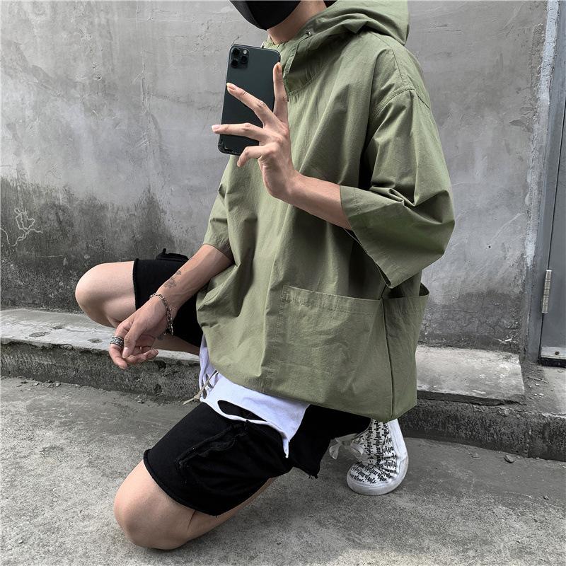 Summer Thin Hooded Five-point Sleeve T-shirt Men's Hong Kong Style Loose Youth All-match Half-sleeved Sleeve