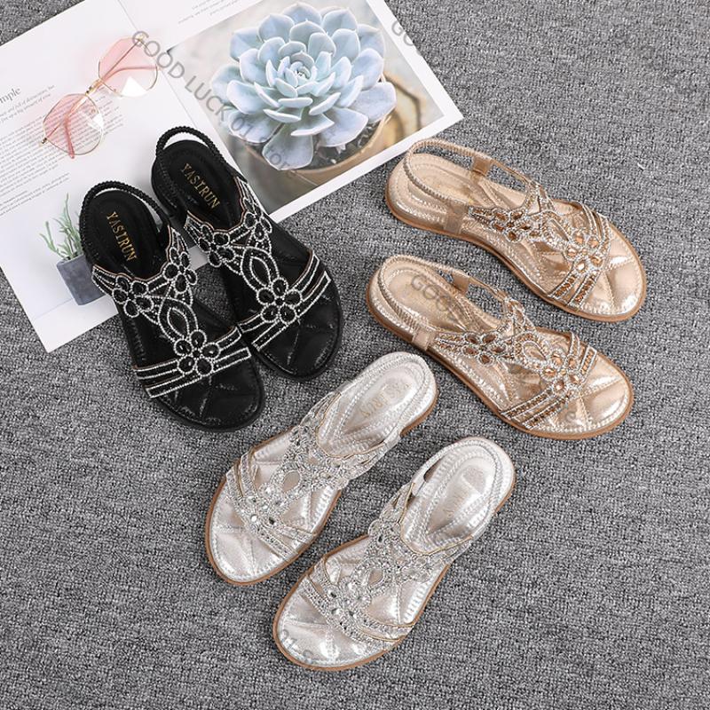 Fashion Women Flat Rhinestone Sandals Bohemian Sandals 2025 Summer New Non Slip BeachElastic Low Heels Roman Sandals Sandalias Mujer