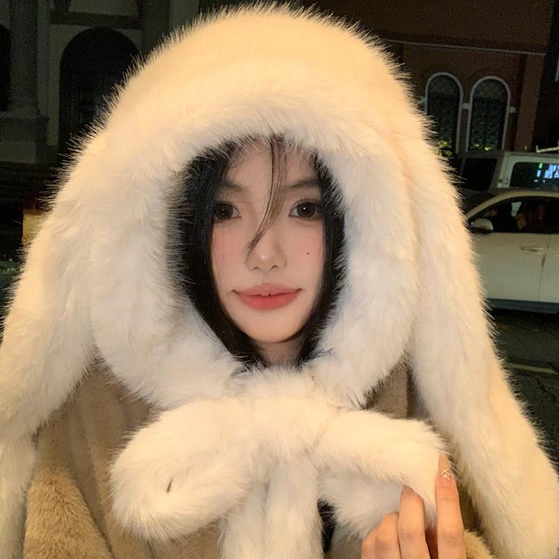 Plush Bunny Earmuff Hat With Scarf For Winter Warmth And Adjustable Fit