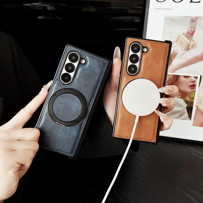 Luxury Leather Magnetic Bracket Phone Cover For Samsung Galaxy Z Fold6 Fold5 Fold4 Fold3 Shockproof Wireless Charge 3pcs Folding Case