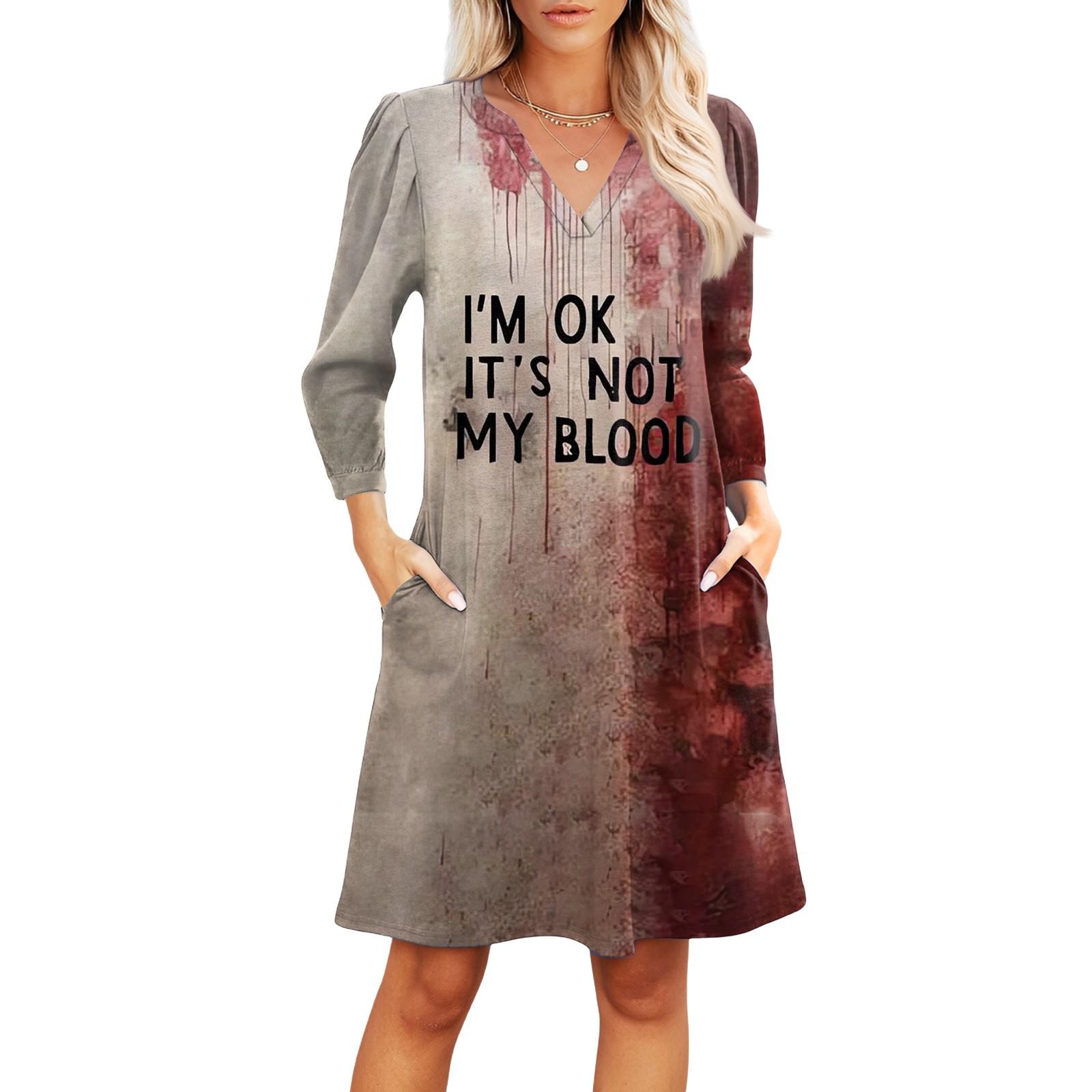 

Women s Fashion V-neck Casual Beach Dress Three-quarter Sleeves Halloween Print Dress L верблюд