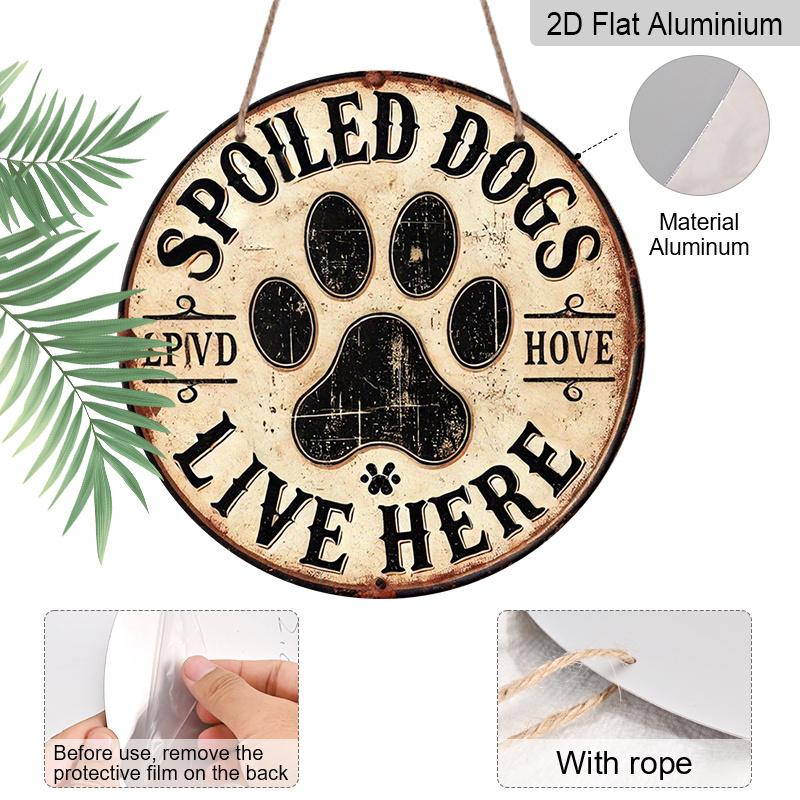 2D Flat 1pc, 8x8 In Round Aluminum Metal Art Logo, Dog Paw Print Slogan Pet Dog Paw Home Decoration Theme, Durable, Pre-Drilled, High Quality