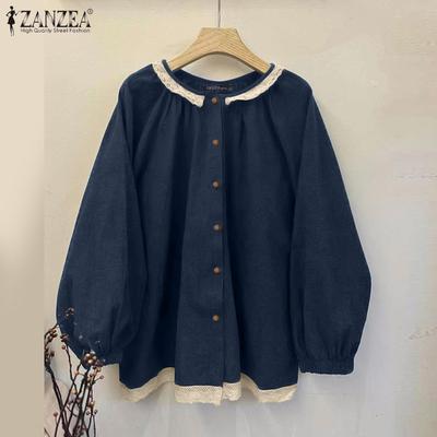 Women Casual Lace Splice Round Neck Long Sleeve Blouse