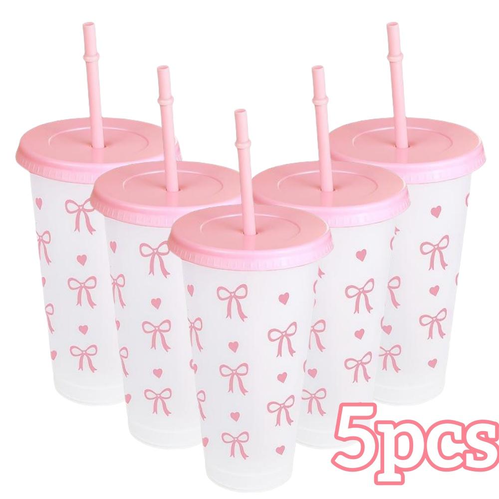 2/20pcs 24oz Reusable Party Cups with Straw & Lid Cute Bow Plastic Tumblers for Cold Drinks Home Office Outdoor Use Summer Gift