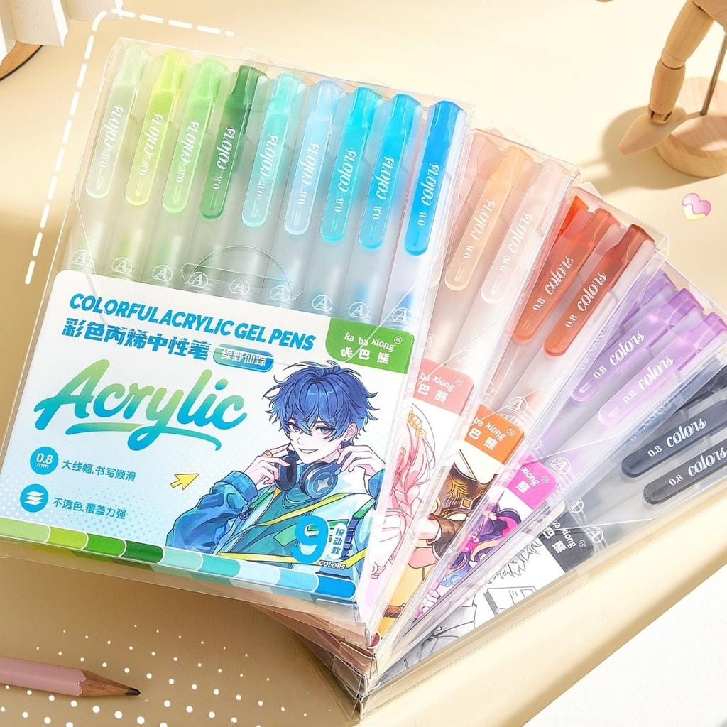 9pcs Colorful Acrylic Gel Pens Retractable Highlighters & Drawing Pens Set Anime Pastel Colors Designs 0.8mm Ballpoint A3234