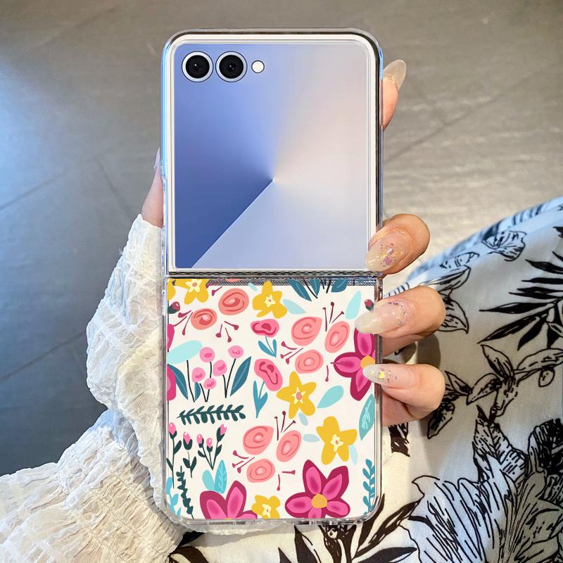 Cartoon Flower Printed Transparent Folding Phone Case For Samsung Galaxy Z Flip 7 FE 6 5 4 3 Flip7 Flip6 Flip5 5G Hard PC Cover