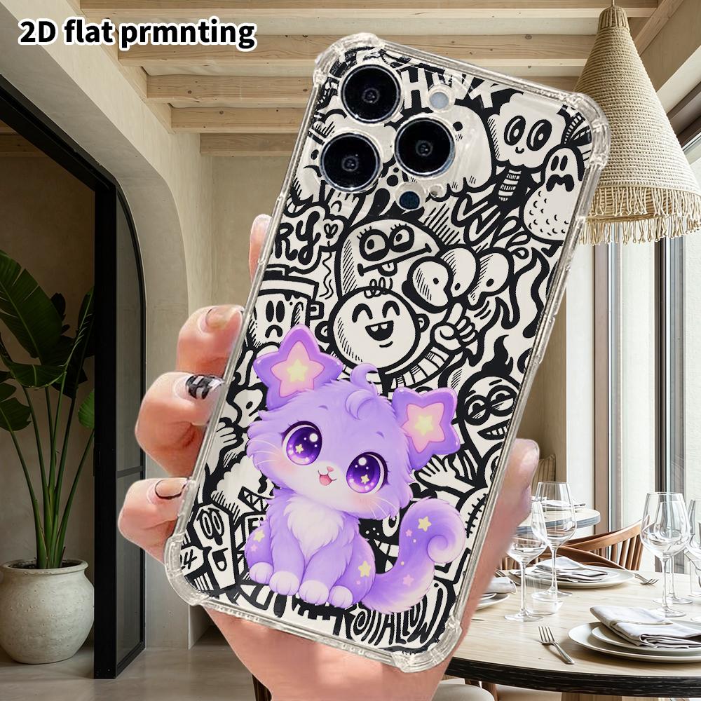 Phone Case: 2D Flat Suitable for iPhone 18 17 16 15 14 13 Pro, Transparent Four Corner Protective Case, Star Eared Kitten, Christmas and Halloween Gif