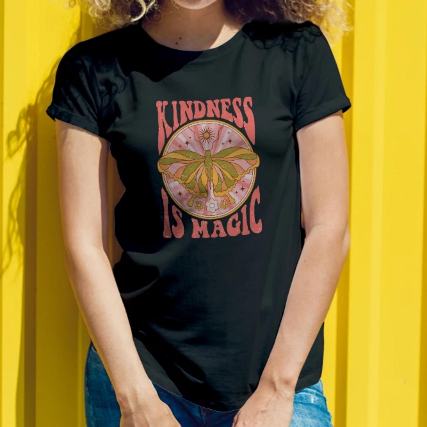 

Womens Short Sleeve T Shirt Kindness Is Magic Design with Butterfly and Positive Quote Graphic for a Heartwarming Look S чёрный