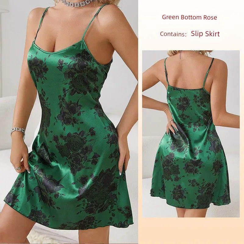 

Fashion Cross-Border Hot Ins Florals Print Suspender Skirt Pure Desire Style Luxury Temptation Backless Dress Green Bottom Rose XL