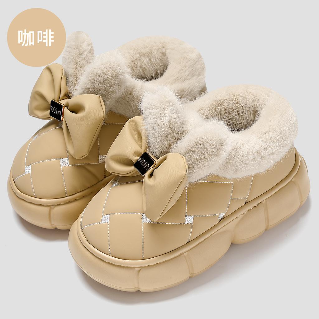 Bow cotton slippers women's winter bag heel cute home household plush warm plush women's cotton shoes winter