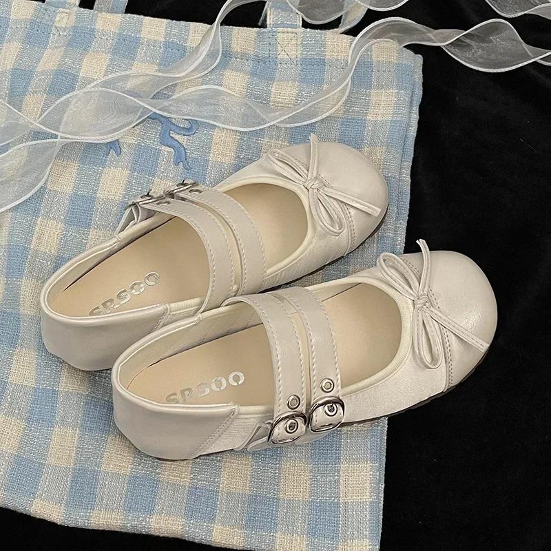 Mode Retro Rundkopf Flachschuhe mit flachem Ausschnitt Frau Weiche Sohle Ballett Mary Jane Schuhe Doppelschnalle Lässige Schleife Damen Slipper
