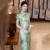 Green national style new Chinese long cheongsam improved young 1011 new women's retro short-sleeved catwalk summer