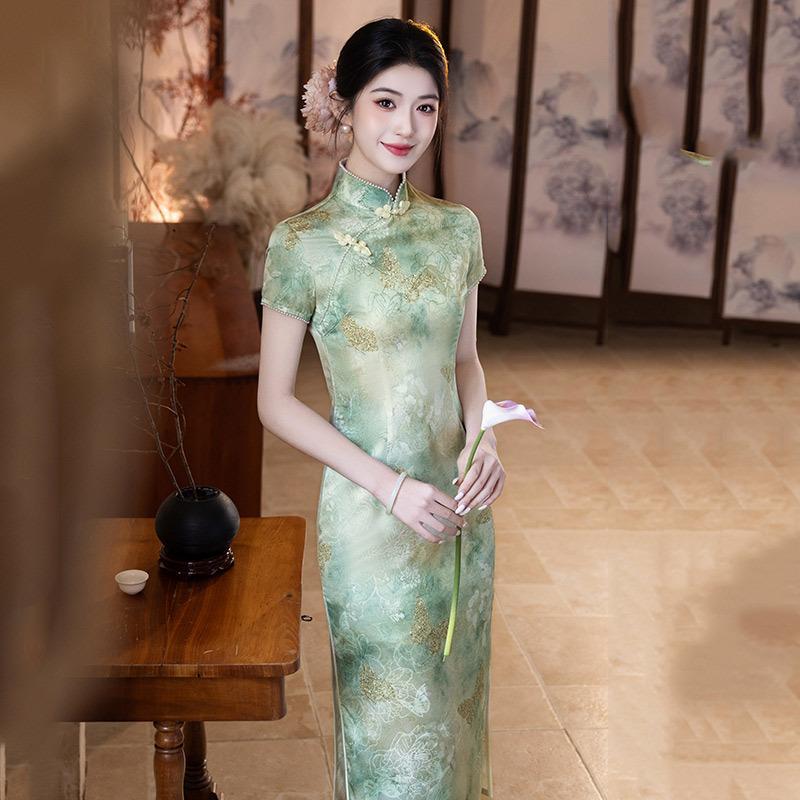 Green national style new Chinese long cheongsam improved young 1011 new women's retro short-sleeved catwalk summer