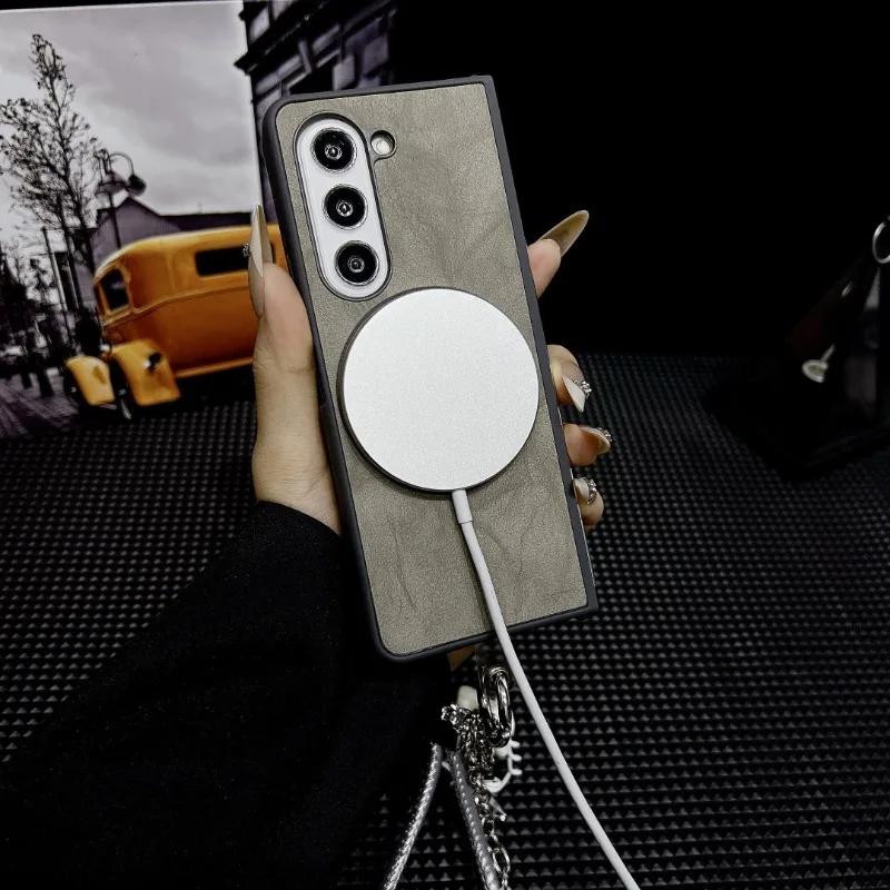 Magnetic Wrist Strap Cute Stars Wireless Charging PU Leather Phone Case for Samsung Galaxy Z Fold 6 5 4 3 Protective Cover
