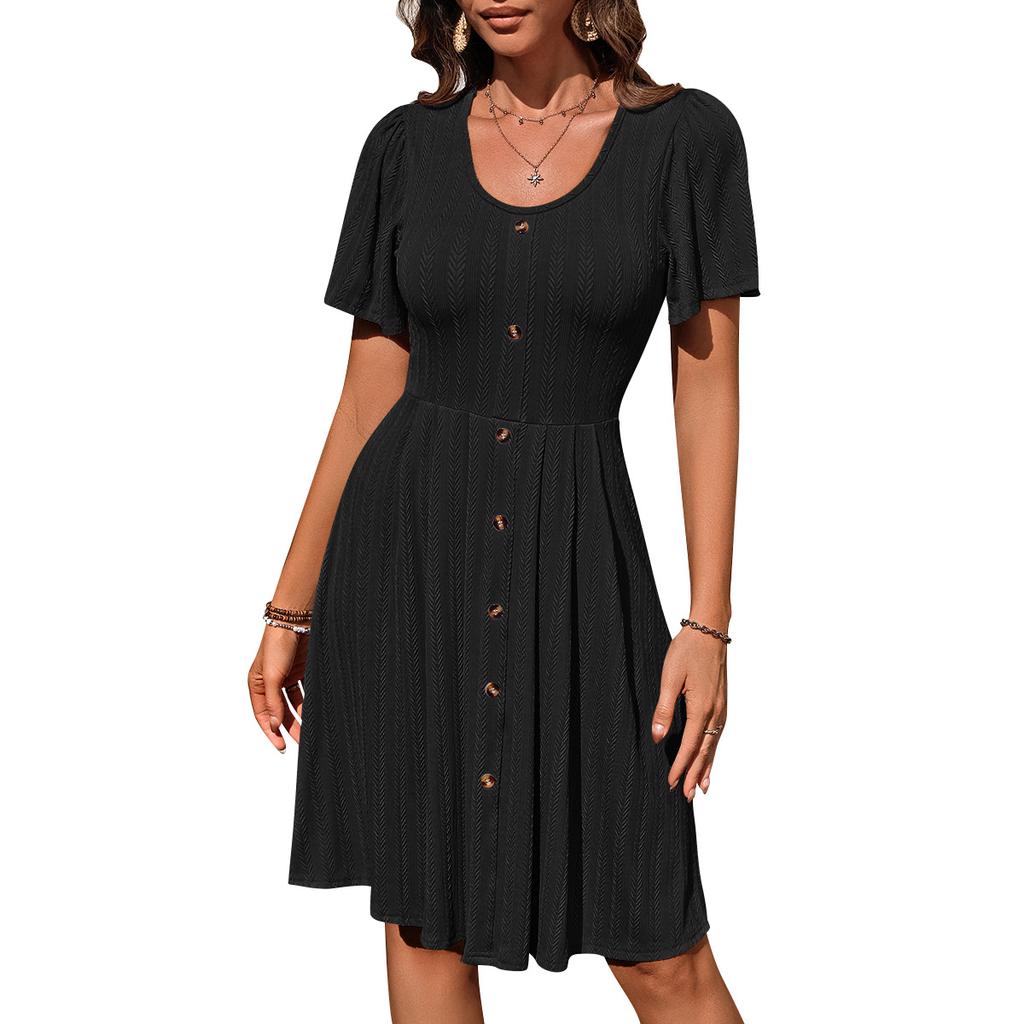 Summer Women's Round Neck Button Stretch Casual Temperament Short Sleeve Dress
