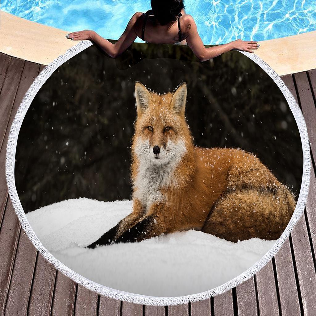 Kawaii Fox Round Beach Towel,Wild Animal Print Beach Blanket,Soft Woodland Animal Themed Rustic Fox Print Pool Towel Picnic Mat