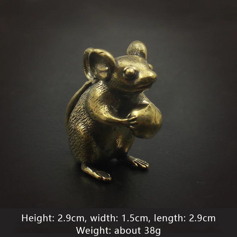 Brass Cute Mouse Peach Miniatures Figurines Tea Pet Table Ornament Crafts Copper Animal Rat Statue Home Decorations Accessories