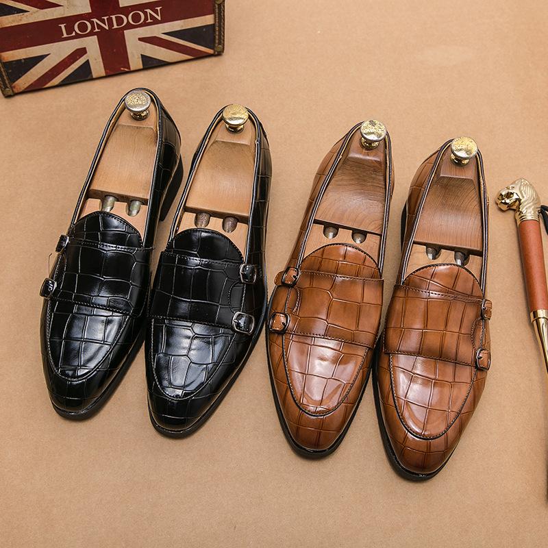 Men's Slip-on Casual Business Shoes Crocodile Grain Microfiber Leather Buckle Mens Party Wedding Loafers Men Driving Flats