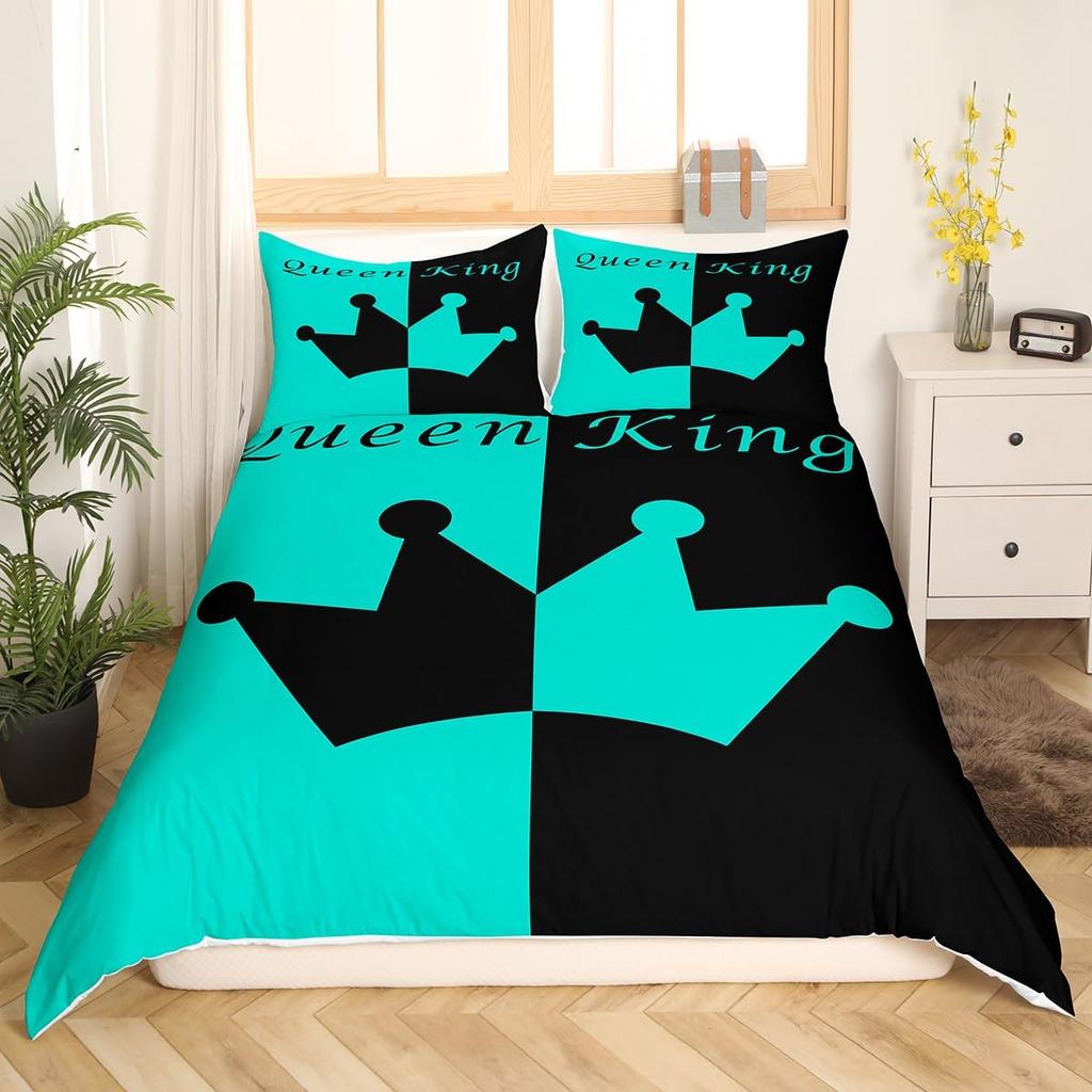 Crown Queen and King Couple Duvet Cover His and Hers Bedding Set Pink Comforter Cover Lover Romantic Valentine's Day Quilt Cover