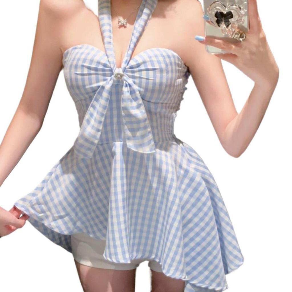Plaid Mid-Length Backless Sleeveless Bandeau Top