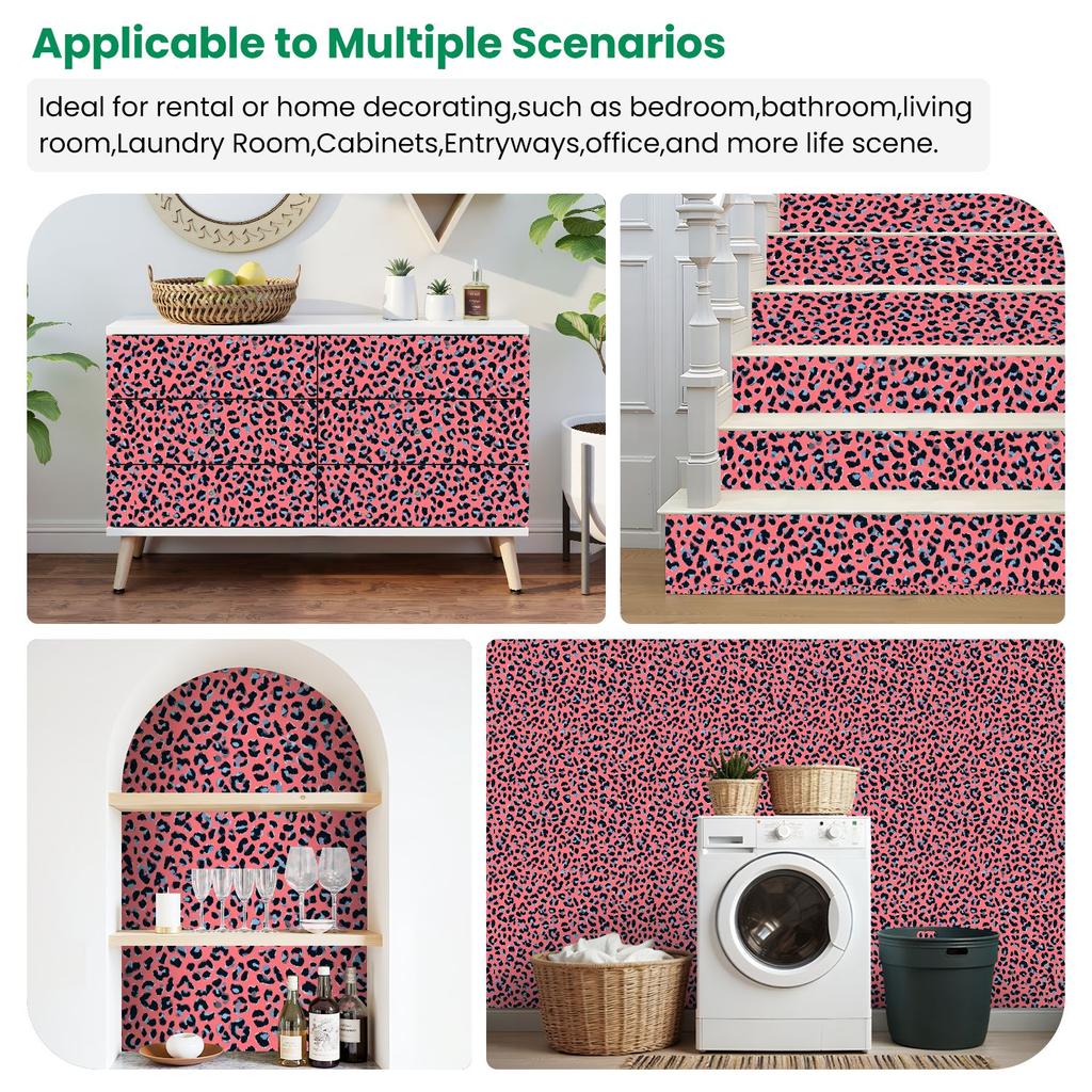 Pink Black Leopard Blue Wallpaper 22.83"X118" Waterproof Wallpaper for Living Room/Bedroom/Bathroom PVC Wall Sticker