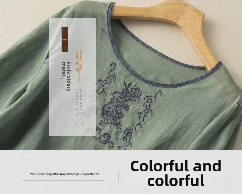 2024 Chinese Style Embroidered Three-Quarter Sleeve Cotton-Linen Pullover