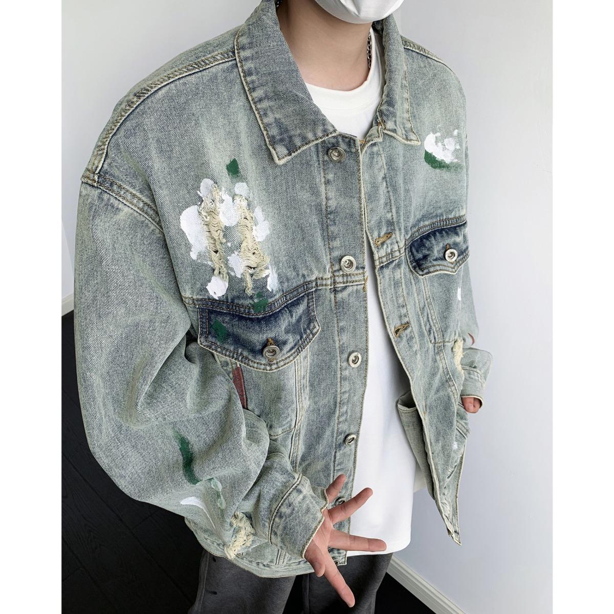 

Американская ретро-граффити рваная джинсовая куртка для мужчин весна и осень новая уличная красивая модная повседневная свободная куртка 2XL