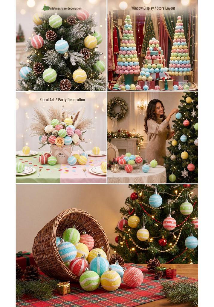 Multicolor Glitter Candy Striped Christmas Ball Ornament, 6cm – Blue, Green, Yellow, Red