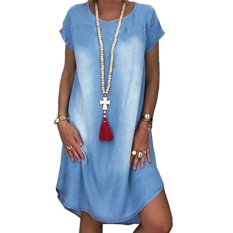 

Женское джинсовое платье с потертостями - платье миди свободного кроя с круглым вырезом и короткими рукавами, повседневное мини-платье в стиле ретро для лета, идеально подходит для пляжа или повседневной носки S синий