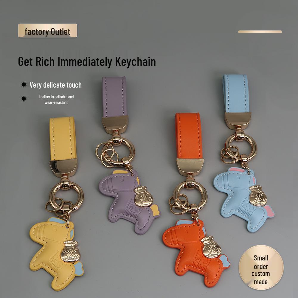Instant Wealth Leather Keychain with Cartoon Pony Pendant for Couples – Trendy Bag and Car Accessory