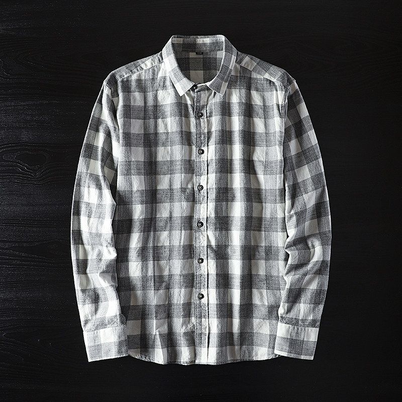 Export Tail Single Men s Gingham Shirt Long Sleeves Korean Style Fashion Brand Japanese Style Original Single Cut Label Pure Cotton Brushed Shirt Dark gray 3XL