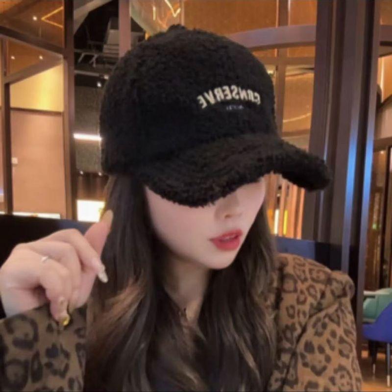 

Hat Women s 2024 New Autumn/Winter Lamb Wool Embroider Baseball Cap K-style All-Matching Peaked Cap Face-Looking Trendy Black All yards