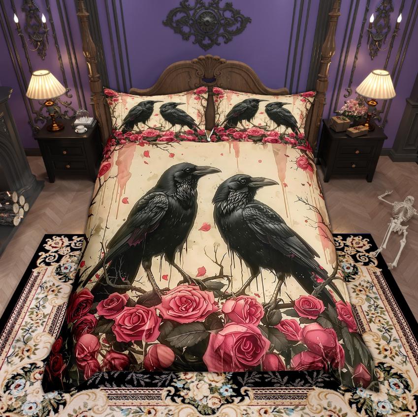 Homewish Halloween Crow Duvet Cover Set Botanical Plant Bedding Set Hippie Floral Flower Bed Set