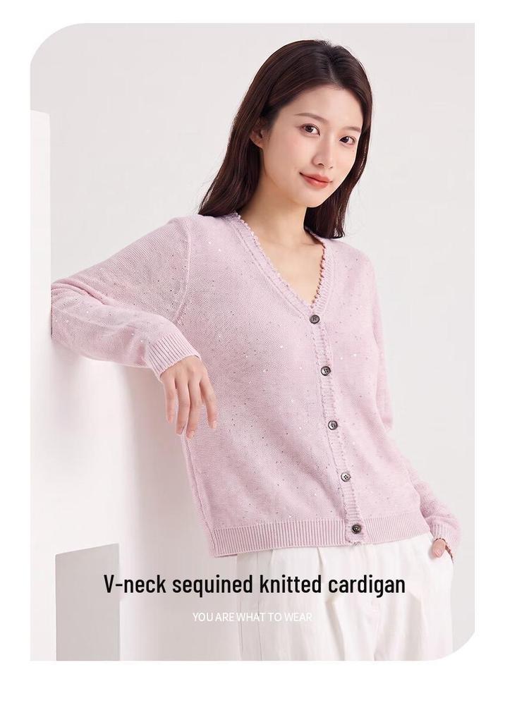 Women's V-Neck Lyocell Linen Blend Knit Cardigan